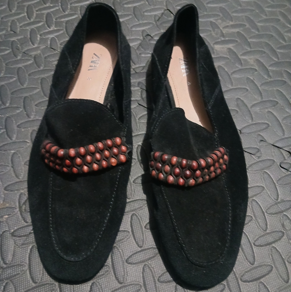 Zara Women Black Velvet Loafer Shoes